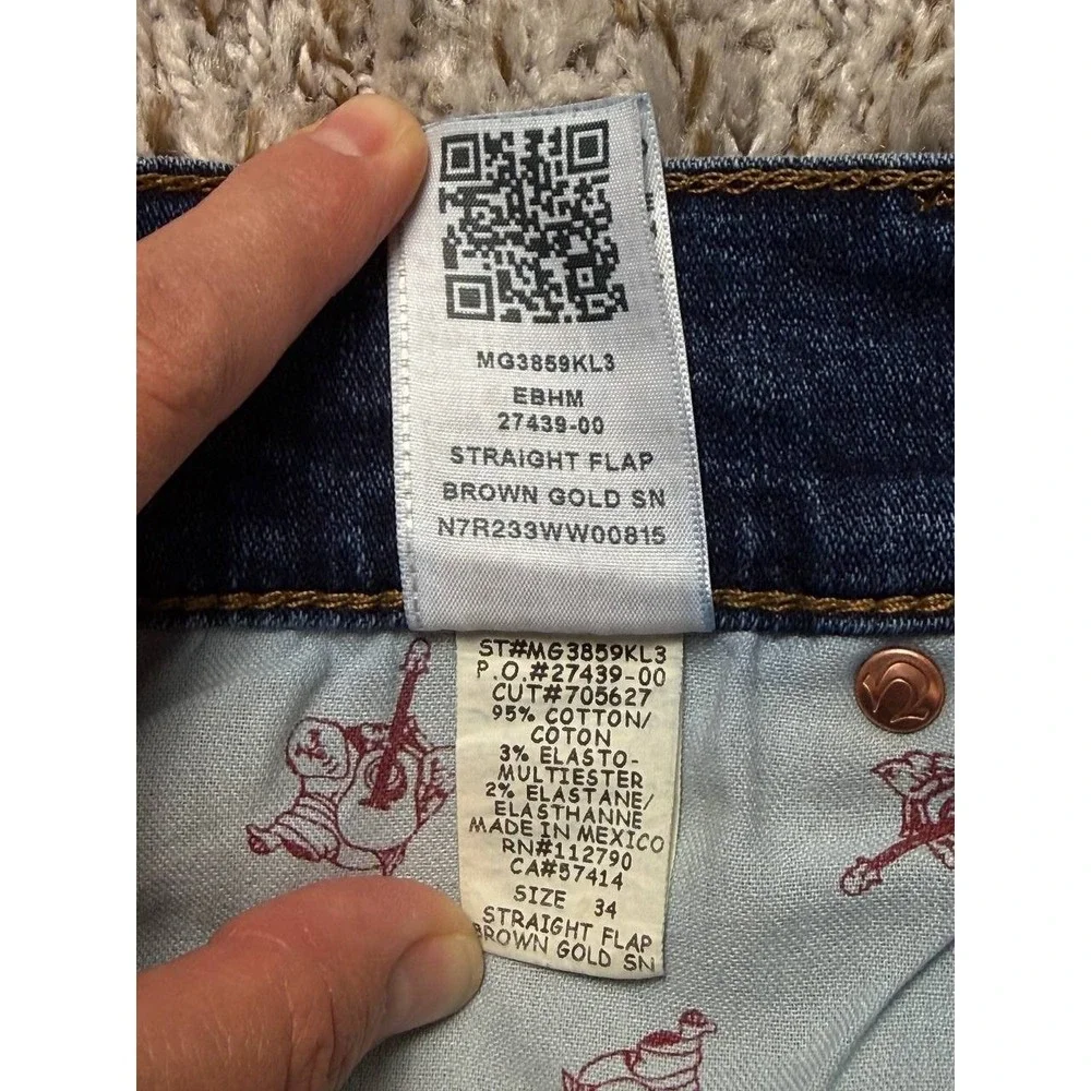 True Religion Jeans Men's 34 Straight Flap Brown Gold Stitching Blue Denim